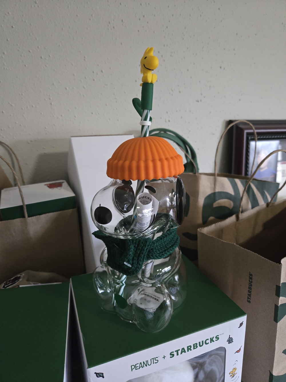 Peanuts x Starbucks Orange Beanie Clear Bear Glass Jar